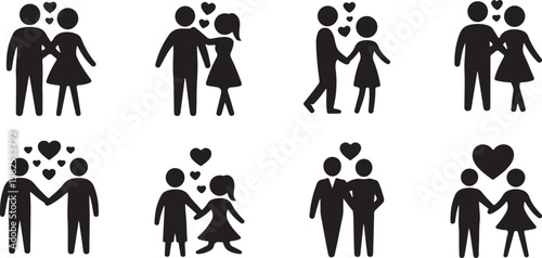 A collection of eight simple, elegant black icons featuring couples in love, showcasing the joy and connection of two people in a relationship. 