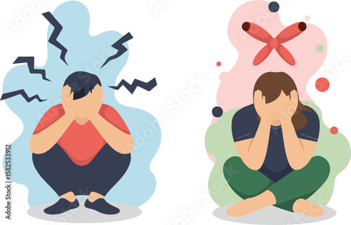 Two figures illustrating internal struggles, one depicting stress and the other finding a solution