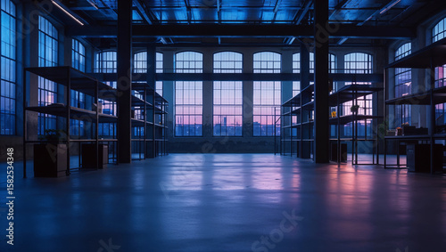 Empty industrial warehouse interior with shelves and large windows at dusk or dawn