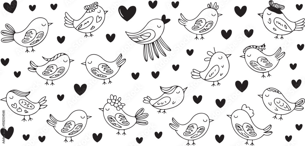 Fototapeta premium A cute illustrated birds and hearts pattern, black and white. A lovely design of bird with heart decoration for background use