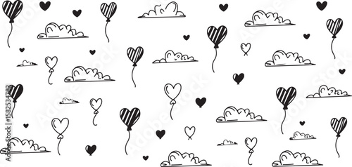 Whimsical illustration of heart-shaped balloons floating among fluffy clouds