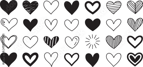 Various hand-drawn heart shapes, expressing love and affection. The collection features a variety of styles