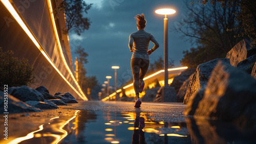 Female runner exercising outdoors during dusk near illuminated wall and reflective puddle