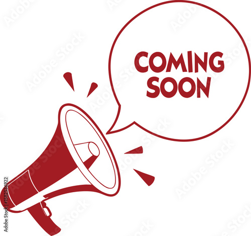 Red megaphone announces coming soon message in a speech bubble illustration.