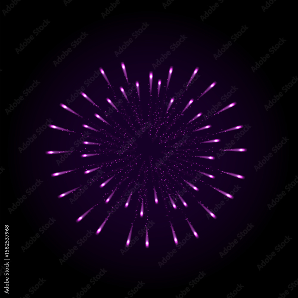 Fototapeta premium Fireworks salute with shining sparks, vector bright purple explosion festive firecracker salute, pyrotechnic rocket fire