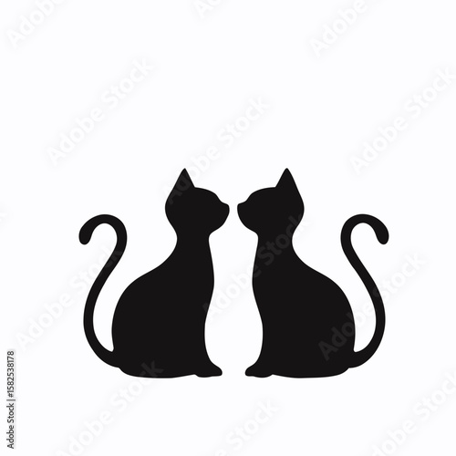 Black and white cat vector illustration, cute domestic kitten silhouette