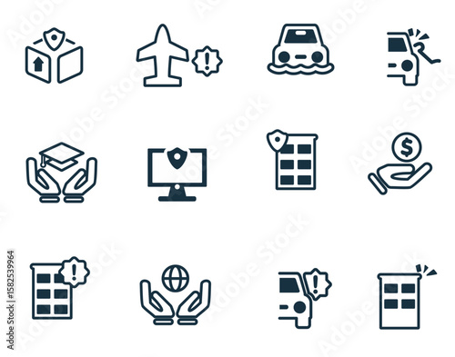 Insurance icon set. Protection of health, life and property, linear design. Line with editable