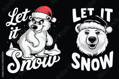 Polar bears wearing santa hats with snow text christmas