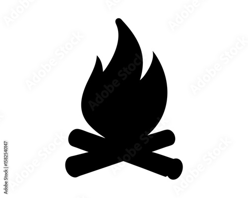 Silhouette of a bonfire with burning flames and crossed logs on white