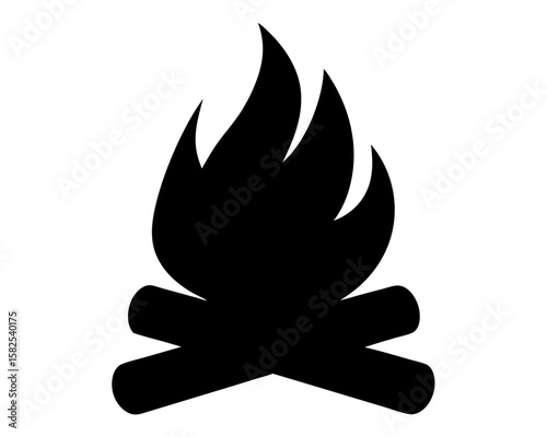 Campfire silhouette with bright orange flames and logs illustration on white