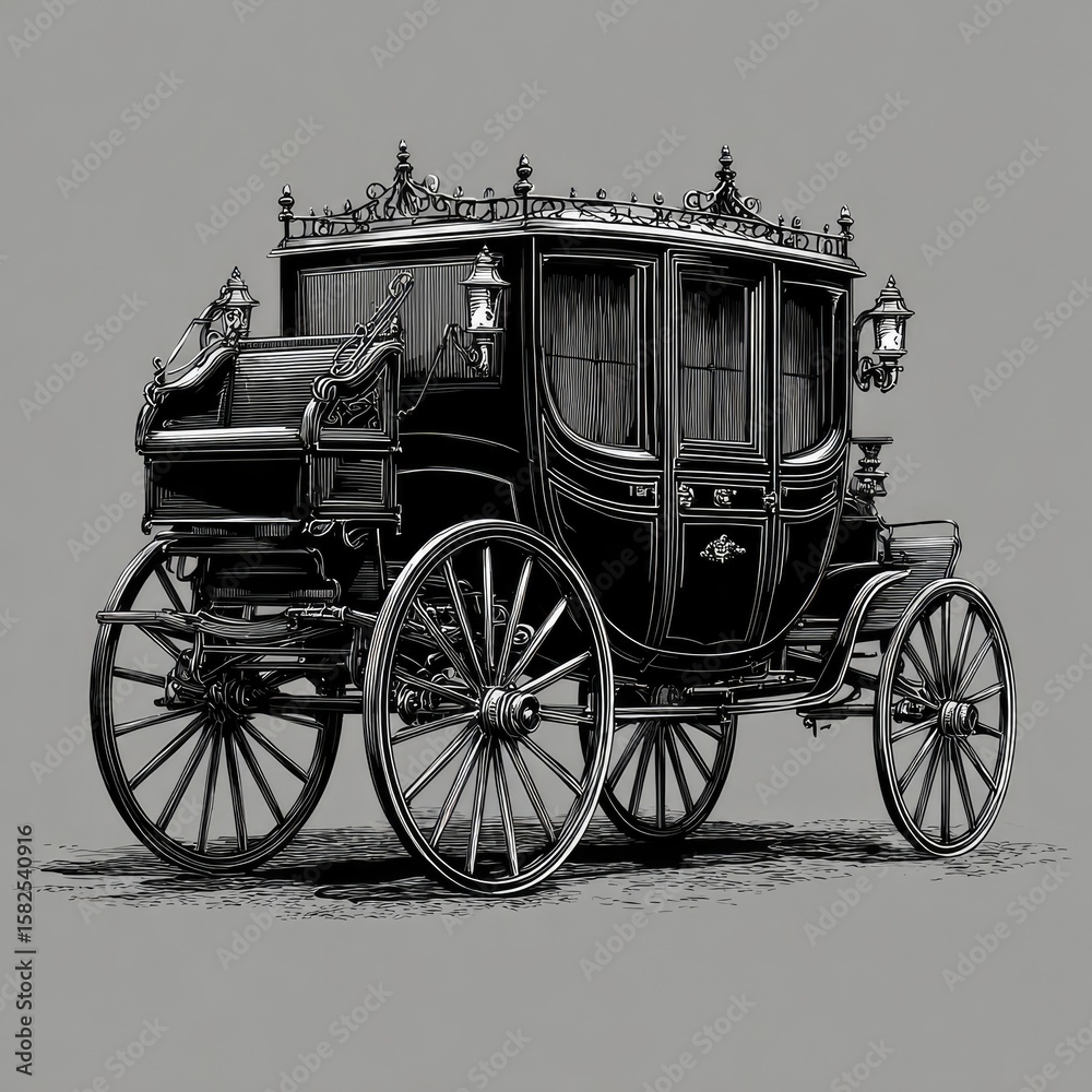 Fototapeta premium Detailed black and white illustration of a vintage carriage