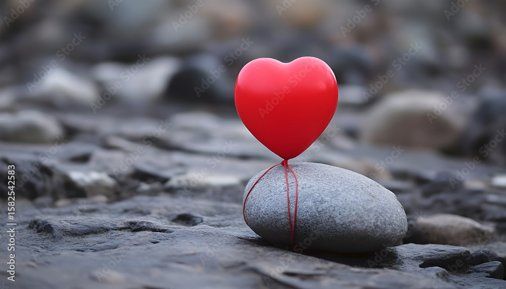 Obraz premium Red balloon tied to stone showcasing freedom and weight concepts