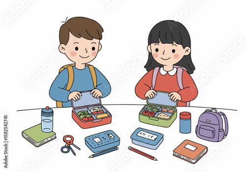 Happy school children opening healthy lunchboxes at desk with books and supplies, illustration for education and nutrition.