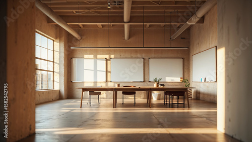 Modern and minimalist conference room with whiteboards and large windows capturing sunlight
