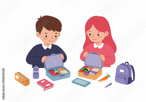 Illustration of two happy school children, a boy and a girl, opening their healthy lunch boxes packed with food and school supplies.