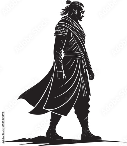 Warrior silhouette walking with flowing cape samurai