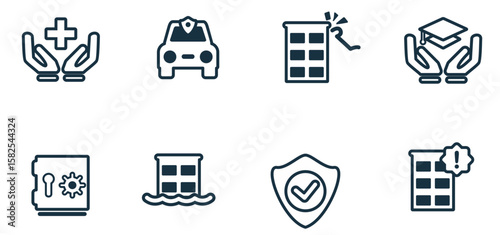 Insurance icon set. Protection of health, life and property, linear design. Line with editable
