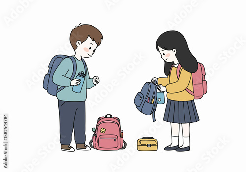 Cute cartoon illustration of a boy and girl preparing for school with their backpacks, water bottle, and lunchbox.