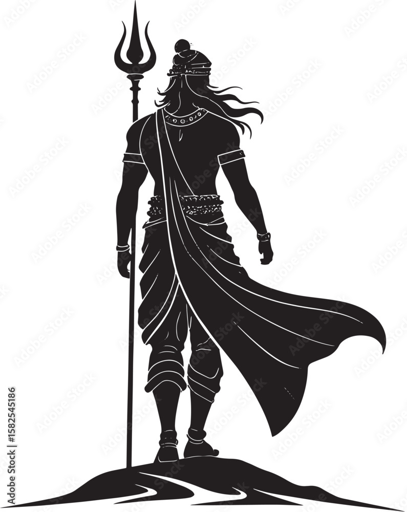 Fototapeta premium Warrior with trident and flowing cape silhouette black and white
