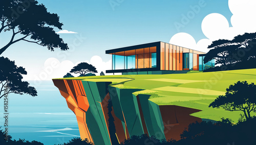 Modern cliffside house with glass walls beautiful landscape and ocean view in illustration