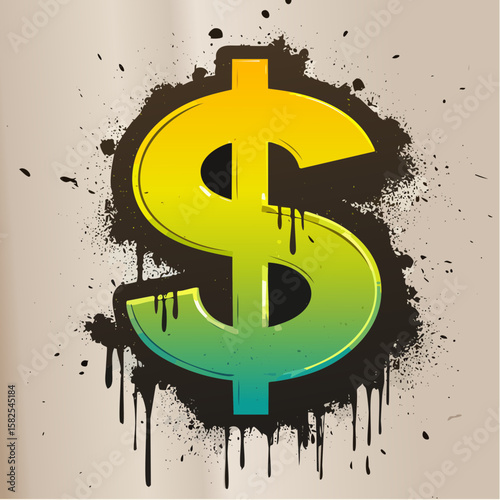 Spray-painted dollar sign on a concrete wall, urban graffiti vector style, editable outline and fill, layered illustration