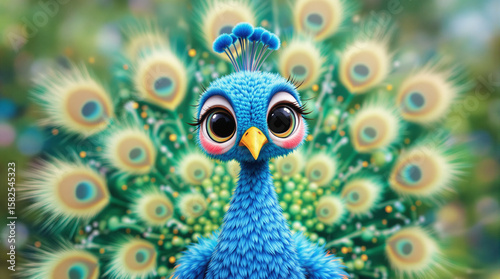 A charming, cartoon peacock with large eyes.