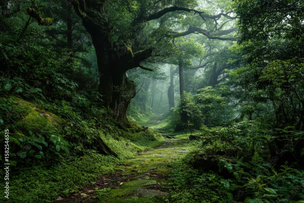 Obraz premium There is a serene path winding through a lush green forest