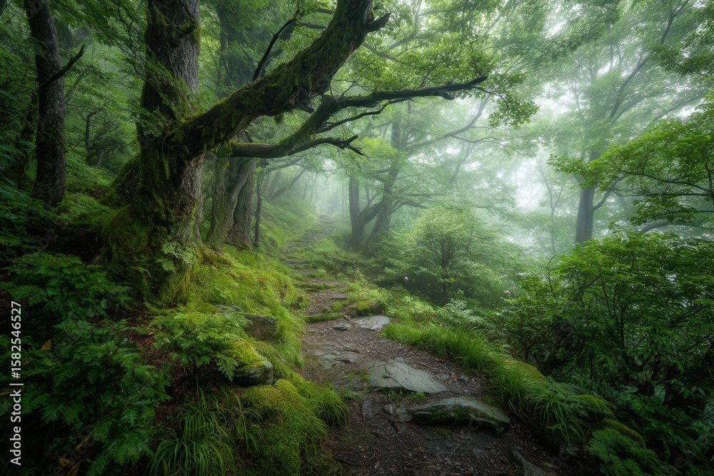 Obraz premium There is a serene path winding through a lush green forest