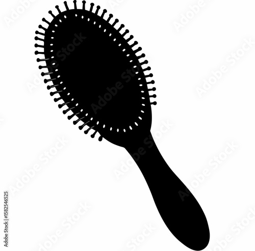 Black silhouette of an oval hairbrush with handle and bristles for hair care and styling isolated