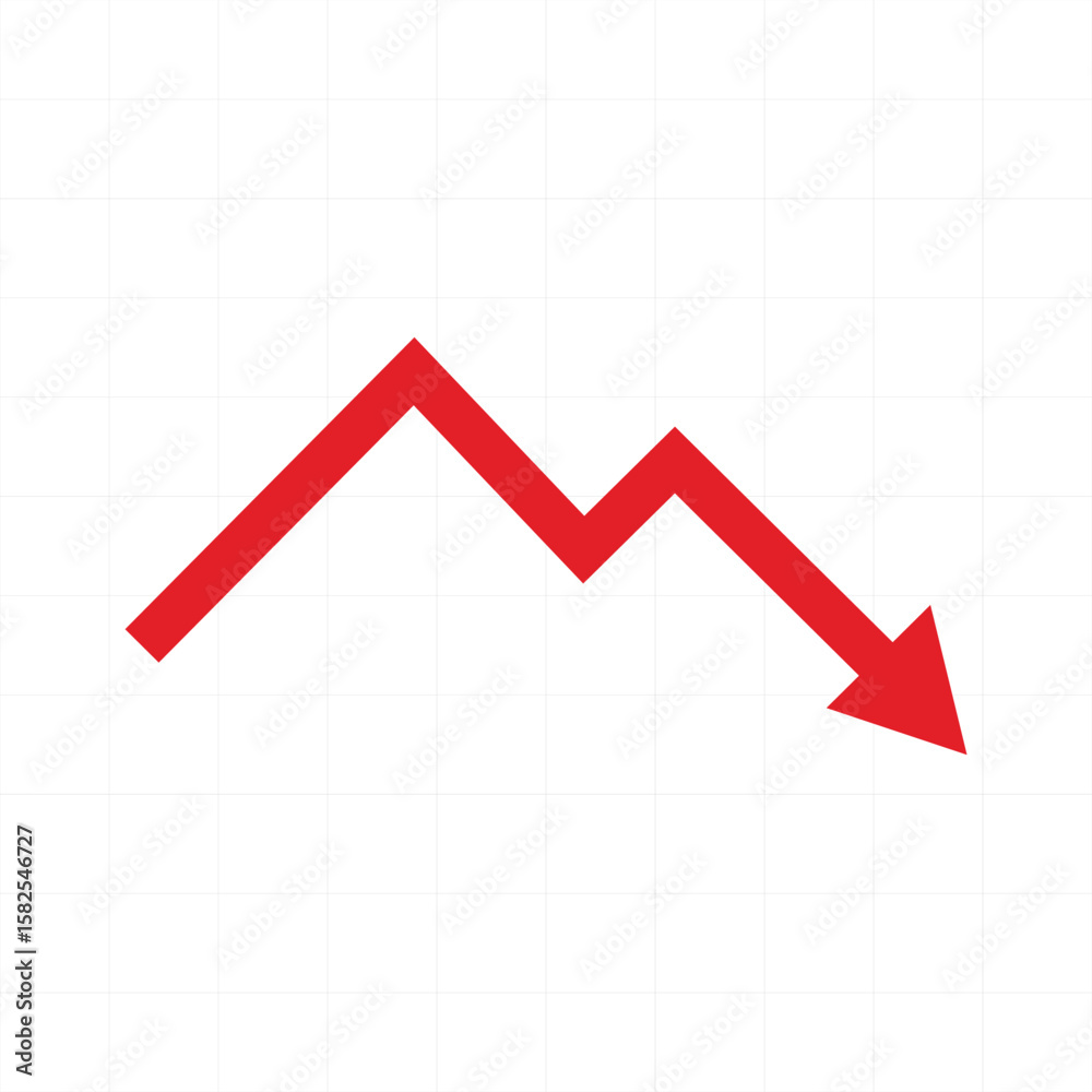 Red arrow pointing down on stock market line, economy collapse, vector art Red arrow pointing down on stock market line, economy collapse, vector art