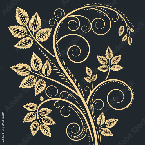 Luxurious gold embroidery style vine spirals leafy floral design silhouette with transparency