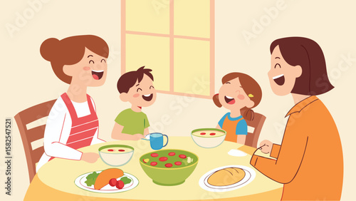 Cartoon family of four laughing together at a table with food and drinks in a bright setting