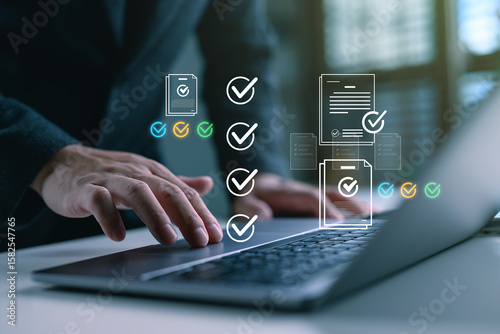 Automated document approval and quality control concept, a professional verifies and manages digital paperwork on a laptop using a smart system before final task delivery. DMS concept.
