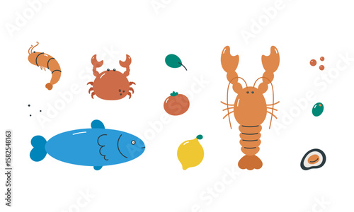 Sea food set with lobster, crab, shrimp, mussels, fish. Flat cartoon vector illustration isolated on white background.