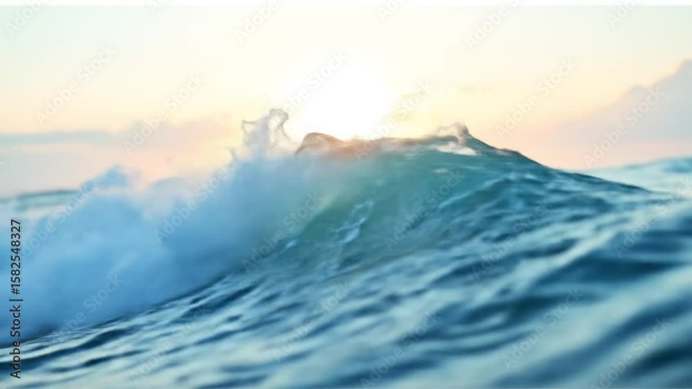 Sunlit Ocean Wave Breaking at Golden Hour with Vibrant Blue Water and Backlit Spray, Dynamic Coastal Seascape at Dawn or Dusk