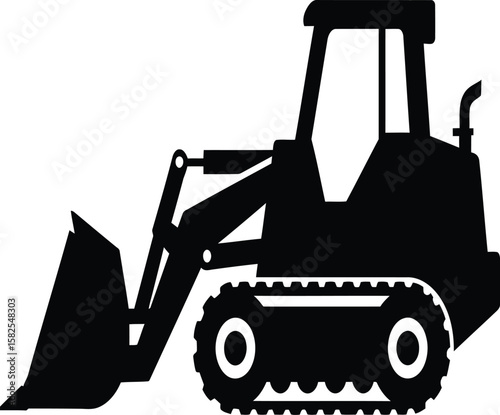 Black silhouette of a construction bulldozer with a front loader and tracks, isolated on a white background.