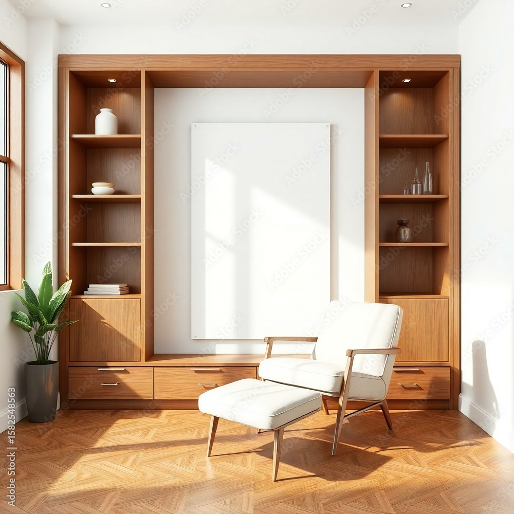 Fototapeta premium Modern living room with wooden shelving armchair and blank canvas bathed in sunlight