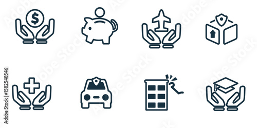 Insurance icon set. Protection of health, life and property, linear design. Line with editable 