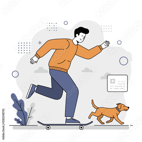 Young man skateboarding and running with a dog in playful scene  