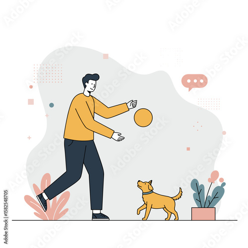 Young man playing with a yellow dog in a modern interior setting  