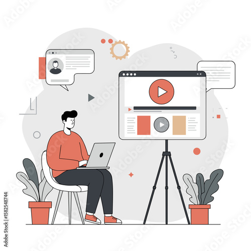 Man working on laptop and watching video presentation indoors  