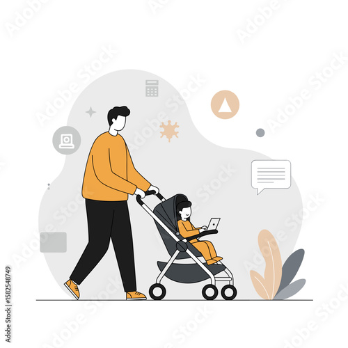 Man walking with stroller and child using smartphone in modern design  