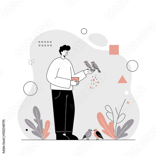 Man feeding birds in a whimsical illustration with plants  