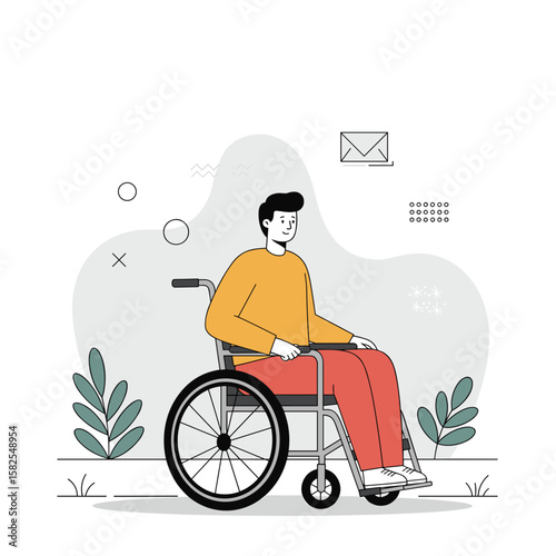 Young man in wheelchair smiling with plants in minimalist background  