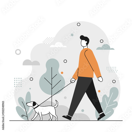 Man walking dog in modern, minimalist outdoor environment  