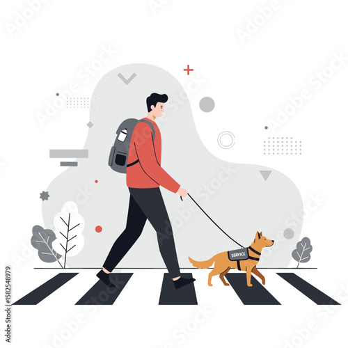 Man walking dog on crosswalk while carrying backpack in urban setting  