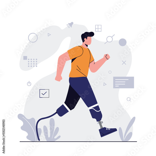 Young man running with prosthetic leg in abstract background  