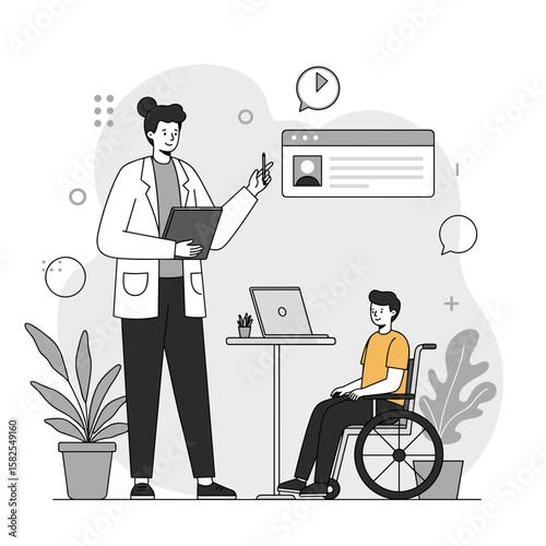 Doctor discussing treatment with young man in wheelchair indoors  