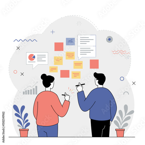 Man and woman brainstorming ideas while looking at sticky notes  