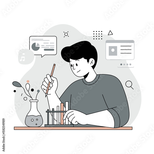 Young man conducting experiments with test tubes at workstation  
